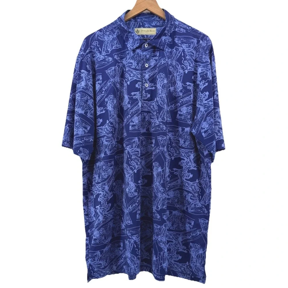 Donald Ross Polo Shirt Mens XL Blue Topographical Print Performance Golf Stretch